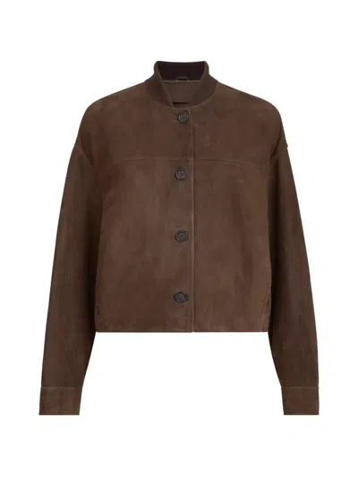 Brunello Cucinelli Couture Suede Outerwear Jacket With Monili In Brown