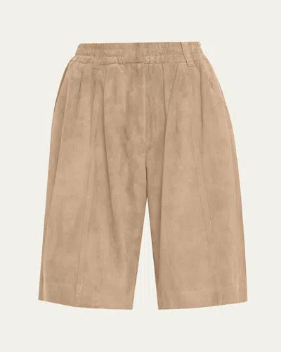 Brunello Cucinelli Couture Suede Pull-on Bermuda Shorts In Neutral