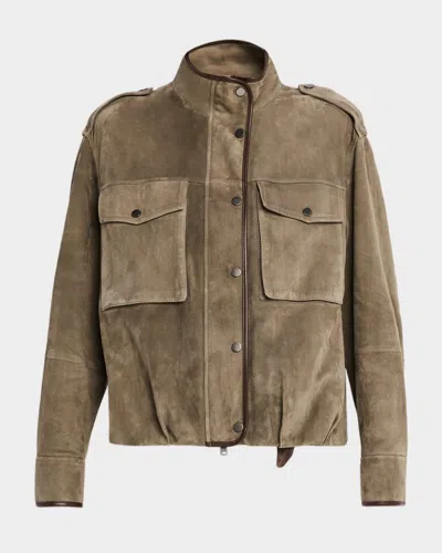 Brunello Cucinelli Couture Suede Utility Jacket With Contrast Leather Piping In Brown