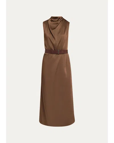 Brunello Cucinelli Cowl-neck Fluid Satin Cady Sleeveless Belted Midi Dress In Brown