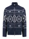 Brunello Cucinelli Geometric Jacquard Cardigan In Wool And Cashmere In Blue