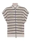 Brunello Cucinelli Beige Cardigan With High Neck And All-over Striped Motif In White