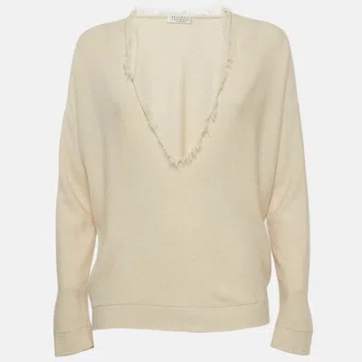 Pre-owned Brunello Cucinelli Cream Cashmere V-neck Top M In White