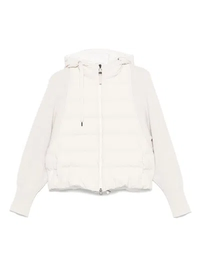 Brunello Cucinelli Cream-colored Short Down Jacket With Knitted Sleeves