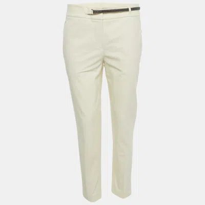 Pre-owned Brunello Cucinelli Cream Cotton Monili Belt Detail Trousers M Waist 32" In White
