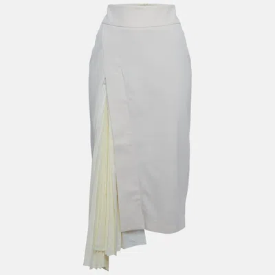 Pre-owned Brunello Cucinelli Cream Twill And Cotton Pleat Detail Midi Skirt M In White