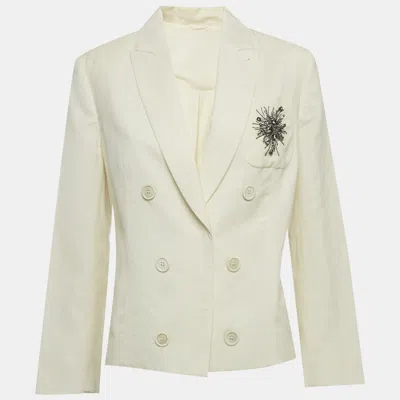 Pre-owned Brunello Cucinelli Cream Wool Blend Embellished Blazer L In White