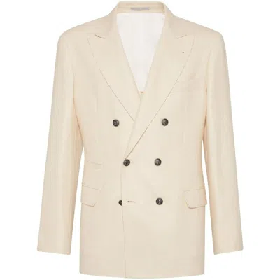 Brunello Cucinelli Cream Wool Silk Linen Double Breasted Blazer In Neutral