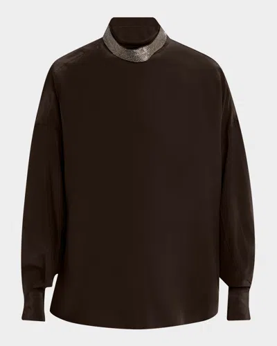 Brunello Cucinelli Crepe De Chine Long-sleeve Blouse With Removable Thick Monili Collar In Black