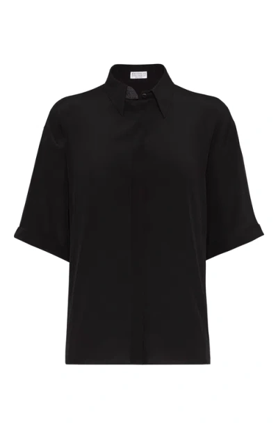 Brunello Cucinelli Short-sleeve Silk Shirt In Nero
