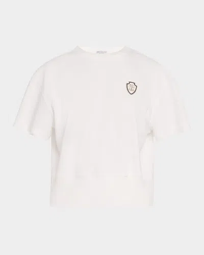 Brunello Cucinelli Crest Short-sleeve Piquet Fleece Top In C7220 Off White