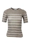 BRUNELLO CUCINELLI CREW-NECK AND SHORT-SLEEVED LINEN BLEND SWEATER WITH STRIPED PATTERN