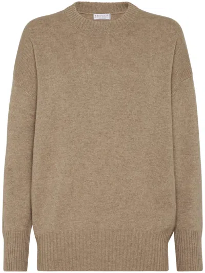 Brunello Cucinelli Beige Crewneck Sweater With Dropped Shoulders In Cashmere Woman In Brown