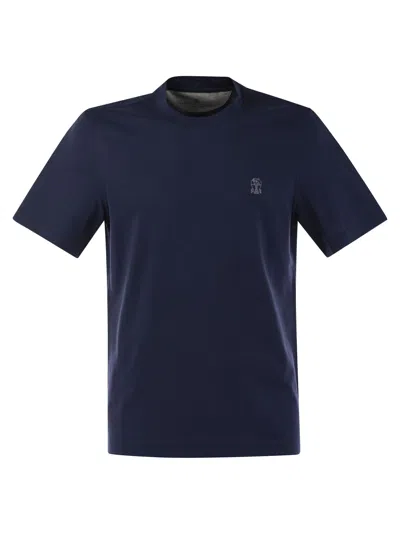Brunello Cucinelli Crew-neck Cotton Jersey T-shirt With Printed Logo In Blue
