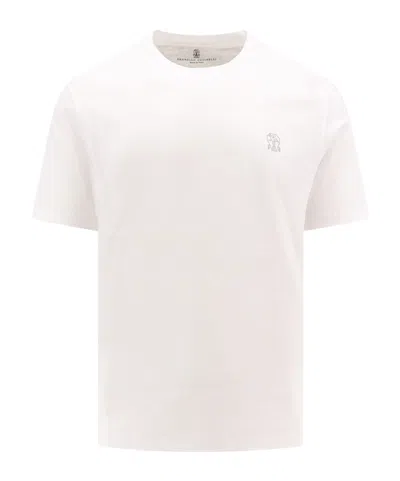 Brunello Cucinelli Men Cotton Jersey Crew-neck T-shirt With Logo And Faux-layering In White