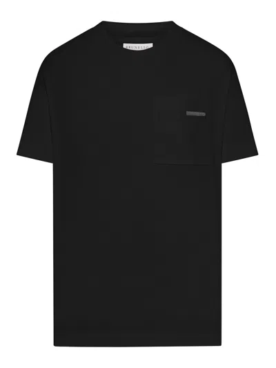Brunello Cucinelli Crew Neck Cotton T-shirt With Mobile Application In Black
