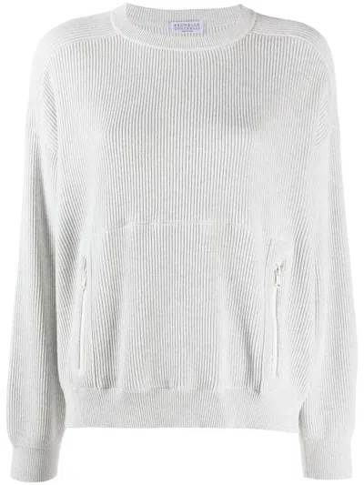 Brunello Cucinelli Crew Neck Ribbed Sweater In Gray