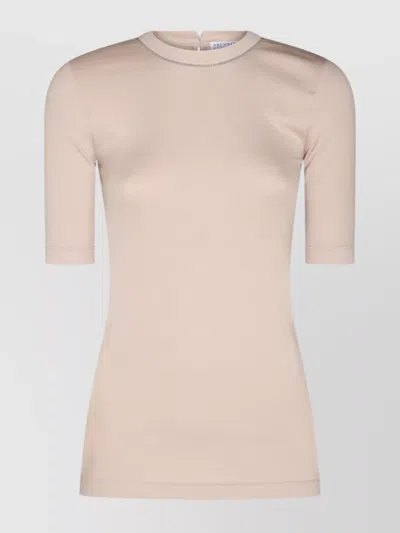 Brunello Cucinelli Crew Neck Ribbed Texture Keyhole Back Top In Beige