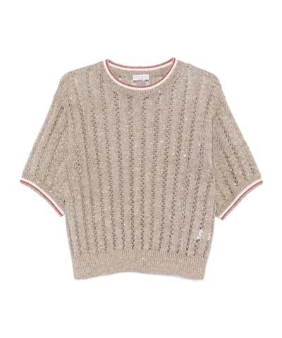 Brunello Cucinelli Crew Neck Short Sleeve Sweater In Brown