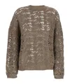 Brunello Cucinelli Dazzling Brown Round Neck Sweater With Open Stitch And Beaded Decorations In Linen Blend Woman In Brown