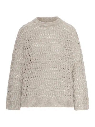 Brunello Cucinelli Crew Neck Sweater In Openwork Linen Yarn In Neutral