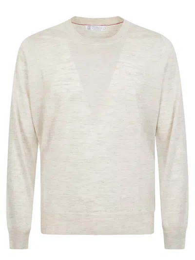 Brunello Cucinelli Crew Neck Sweater In Wool-silk Blend In Neutral