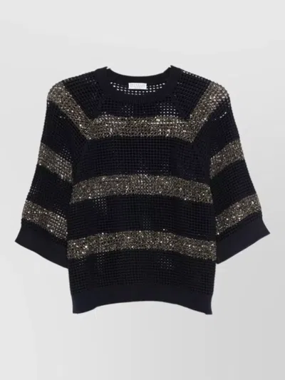 Brunello Cucinelli Crew Neck Sweater Mesh Glitter Stripes In Black
