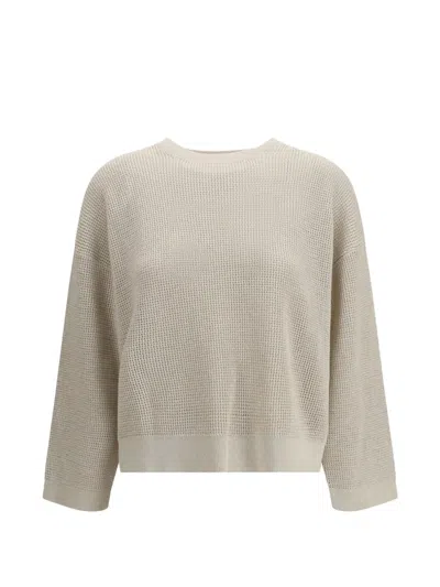 Brunello Cucinelli Crew Neck Long Sleeve Textured Knit Sweater In Neutral