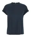 Brunello Cucinelli Blue Crewneck T-shirt With Monil Detail On The Collar And Rear Cut-out In Cotton Stretch Woman In Blue
