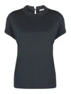 Brunello Cucinelli Blue Crewneck T-shirt With Monil Detail On The Collar And Rear Cut-out In Cotton Stretch Woman In Blue