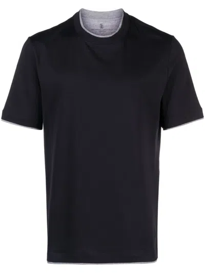 Brunello Cucinelli Crew-neck T-shirt With Faux-layering In Blue