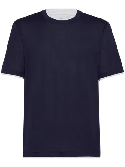 BRUNELLO CUCINELLI SILK AND COTTON JERSEY CREW-NECK T-SHIRT WITH FAUX-