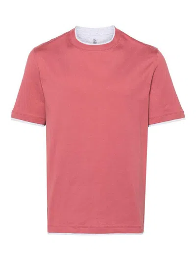Brunello Cucinelli Crew-neck T-shirt With Faux-layering In Red