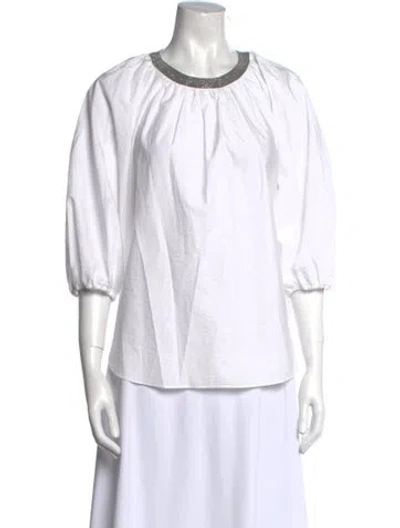 Pre-owned Brunello Cucinelli Crew Neck Three-quarter Sleeve Button-up Top In White