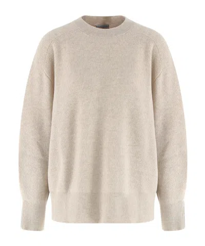 Brunello Cucinelli Crewneck Knitted Boxy Pullover In Nude