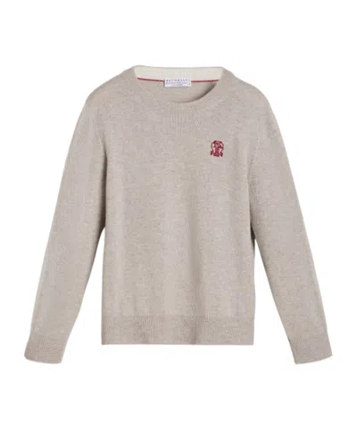 Brunello Cucinelli Kids' Crew-neck Logo Cashmere Sweater In Neutral