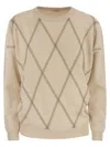 Brunello Cucinelli Crewneck Sweater In Fine Wool, Cashmere And Silk With Diamond Pattern In Sand