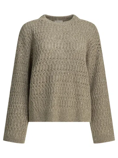 Brunello Cucinelli Crewneck Sweater With Sequins Knitwear Beige In Multi