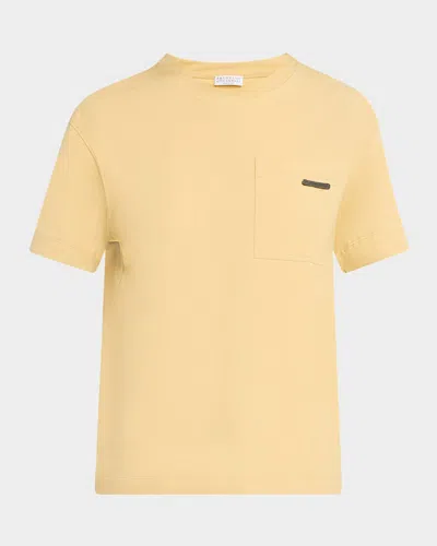 Brunello Cucinelli Crewneck T-shirt With Monili Pocket In Yellow