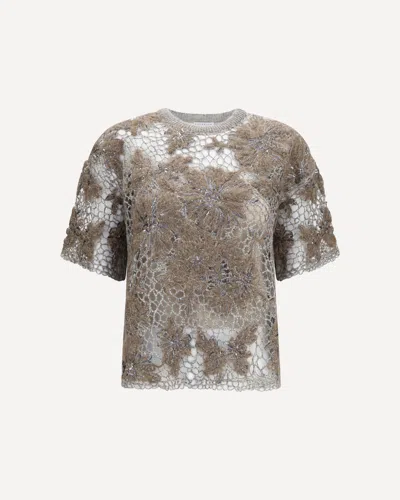 Brunello Cucinelli Crew-neck Top With Floral Embroidery And Sequins In Beige