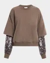 Brunello Cucinelli Crewneck Top With Sheer Sequined Raindrop Sleeves In Brown