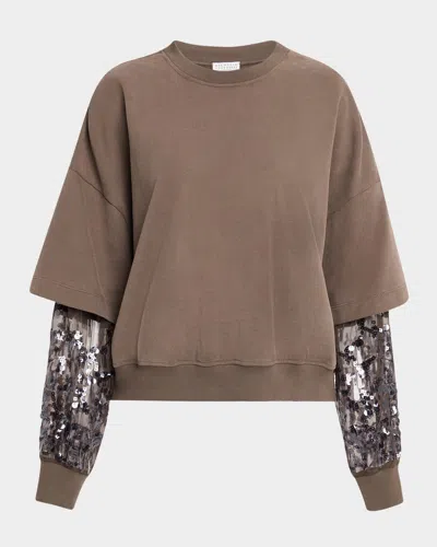 Brunello Cucinelli Crewneck Top With Sheer Sequined Raindrop Sleeves