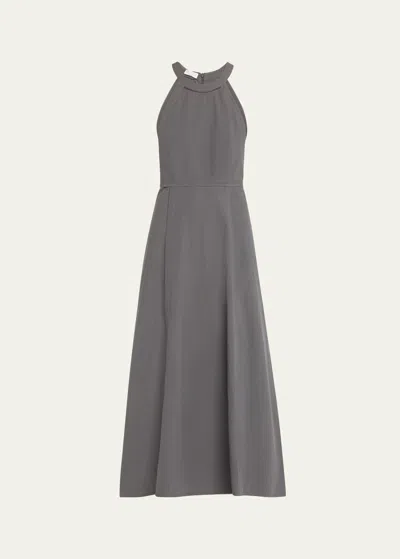 Brunello Cucinelli Crinkle Cotton Maxi Dress With Monili Collar In C651 Lignite