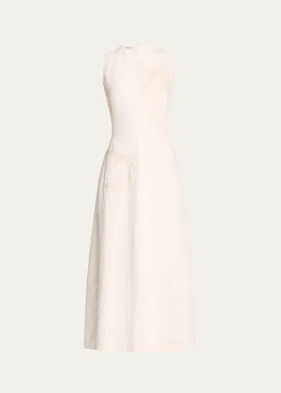 Brunello Cucinelli Crinkle Cotton Structured Dress With Embroidered Magnolia Flower In C600 Natural