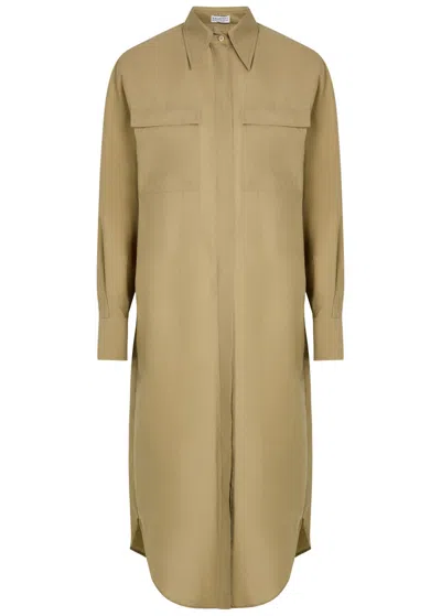 Brunello Cucinelli Crinkled Cotton-blend Midi Shirt Dress In Brown