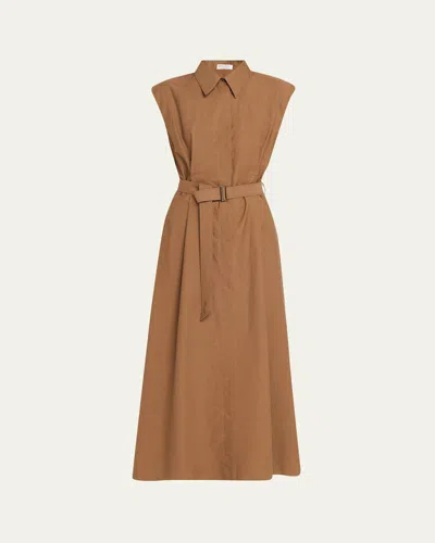 Brunello Cucinelli Crispy Diagonal Cotton Belted Midi Shirtdress In Brown
