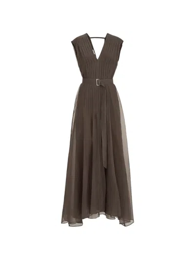 Brunello Cucinelli Crispy Silk Belted Dress With Pleated Detail And Precious Strap In Brown