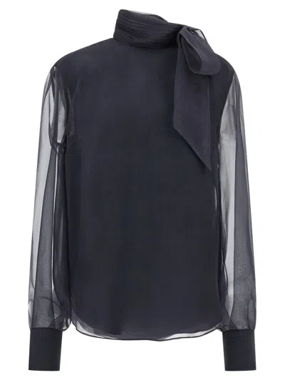 Brunello Cucinelli Crispy Silk Blouse Shirt And Blouse Gray In Blue
