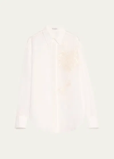 Brunello Cucinelli Crispy Silk Button-front Blouse With Raffia Magnolia Embroidery In C100 White