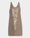 Brunello Cucinelli Crispy Silk Chiffon Mini Dress With Pailette Fringe Embroidery In Brown